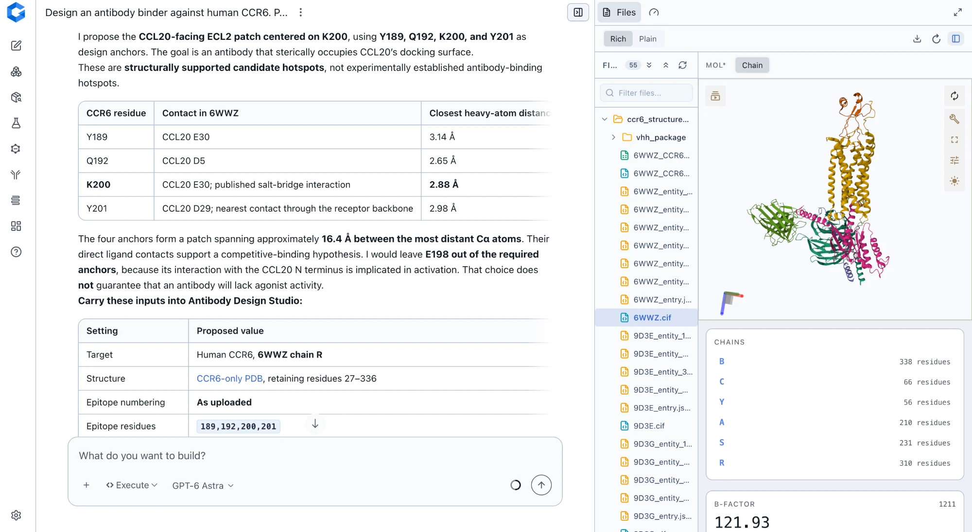NovaDDE agent chat proposing a CCL20-facing epitope patch on human CCR6 (PDB 6WWZ) for an antibody design, centered on residue K200, with the target structure, its chains, and files open in an interactive viewer alongside the conversation.