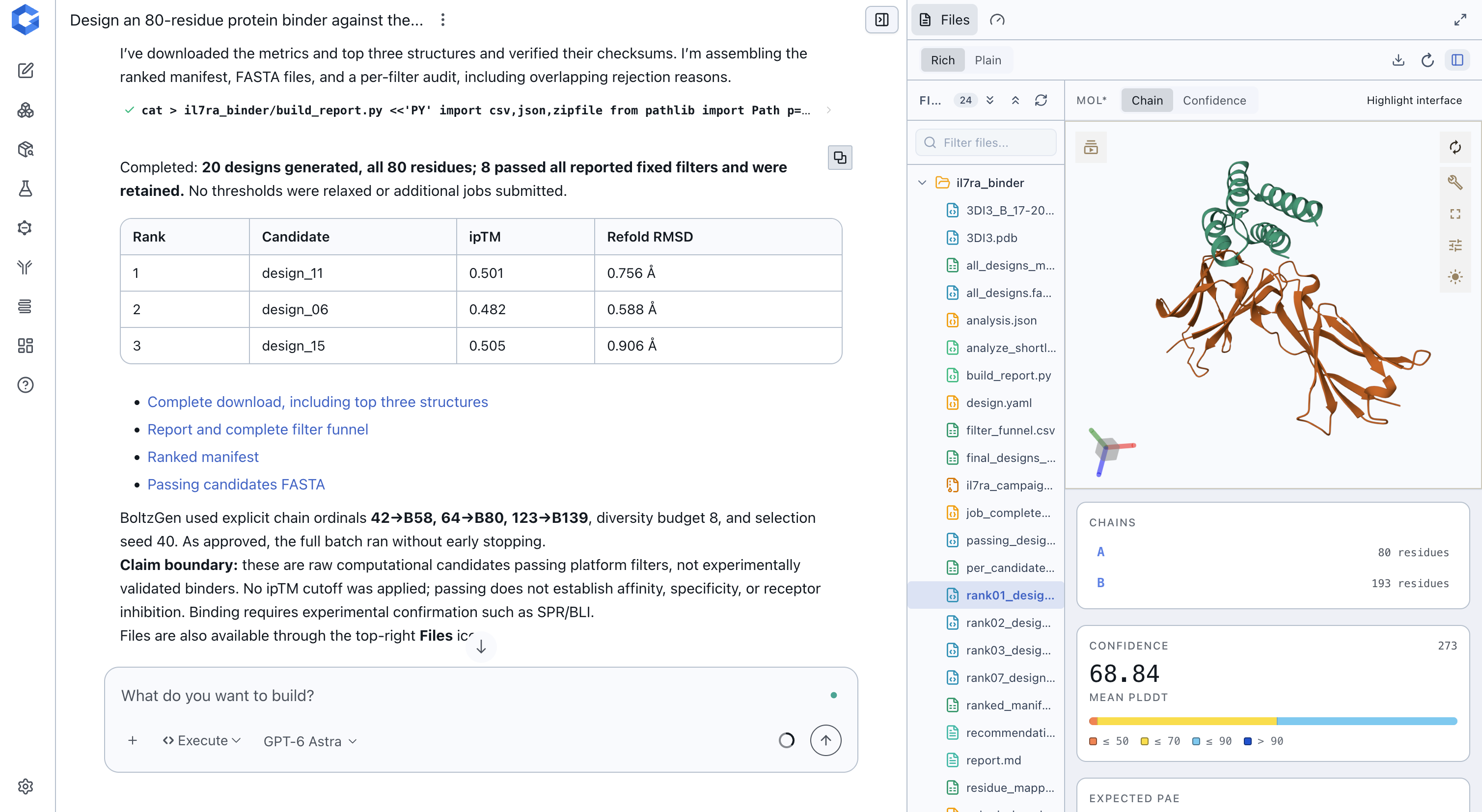 NovaDDE agent chat showing a completed 80-residue protein binder design job: 20 designs generated, 8 passed filters, a ranked table of top candidates by ipTM and refold RMSD, and a folded structure in the 3D viewer.