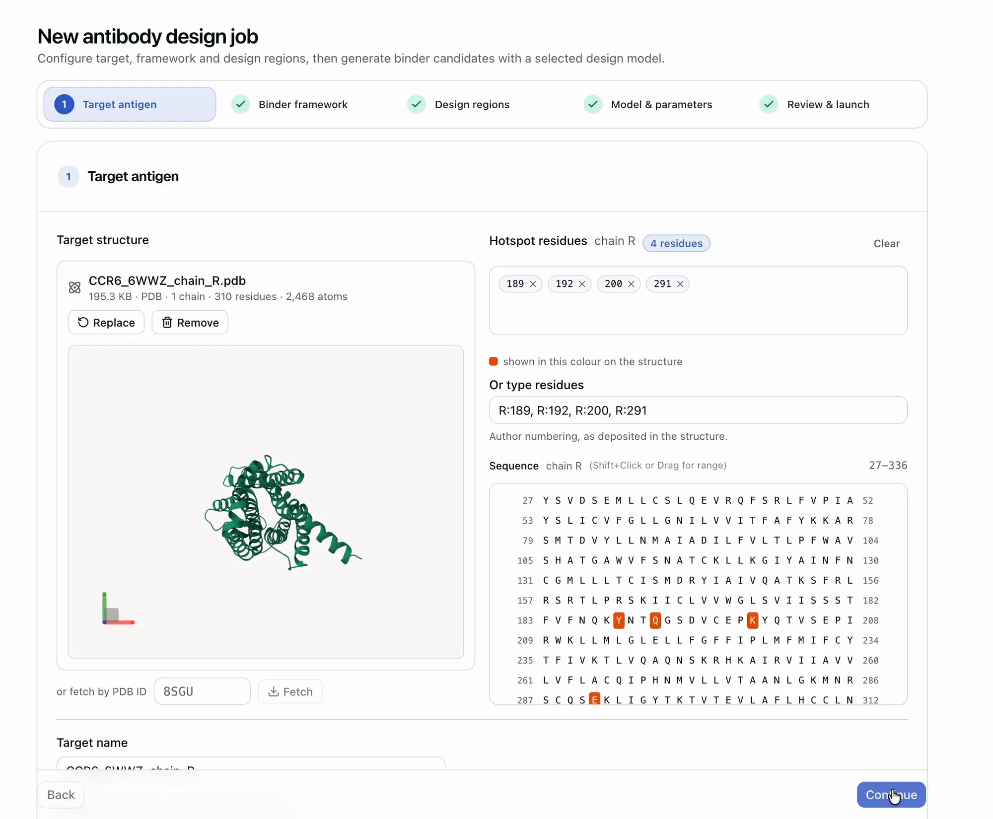 A screen recording of a NovaDDE Studio job carrying the same CCR6 target (PDB 6WWZ) through all five steps: target and hotspots, a nanobody framework, CDR design regions, BoltzGen as the generator, and a Review & launch summary as the scientist submits the job.